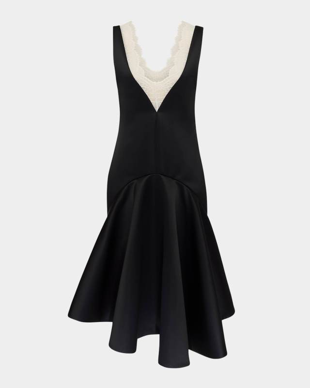 Plunging Lace-Trim Draped-Hem Dress